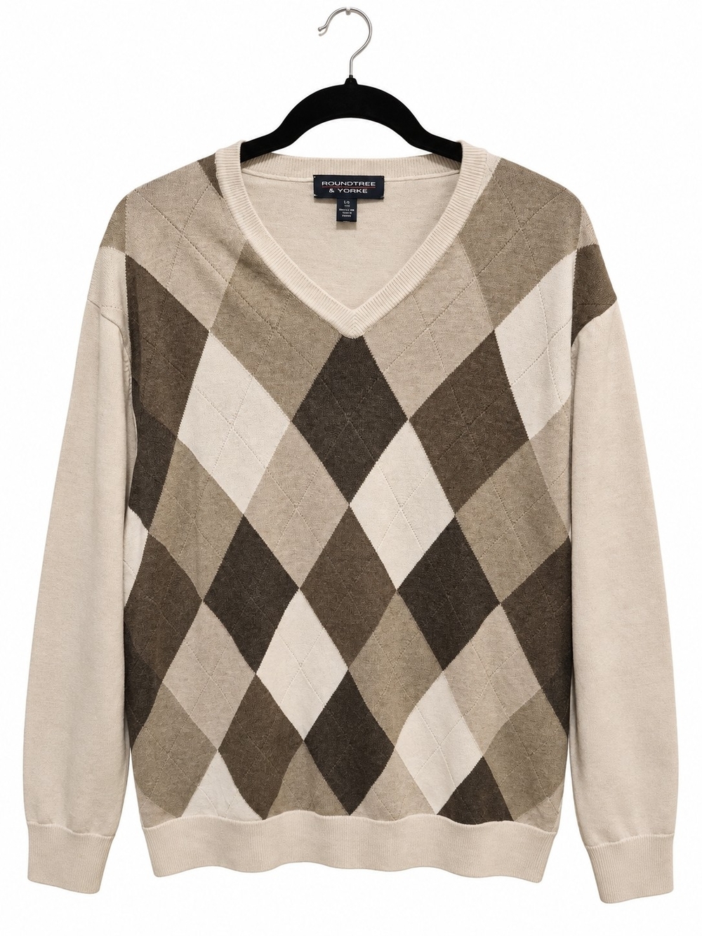 Roundtree & Yorke Men’s Large Argyle V-Neck Sweater 100% Cotton Tan Brown